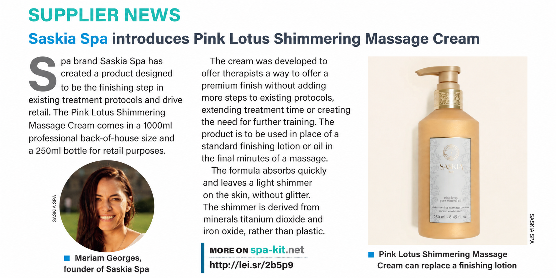 Spa Business print edition – Supplier News: SASKIA Spa Pink Lotus Shimmering Massage Cream