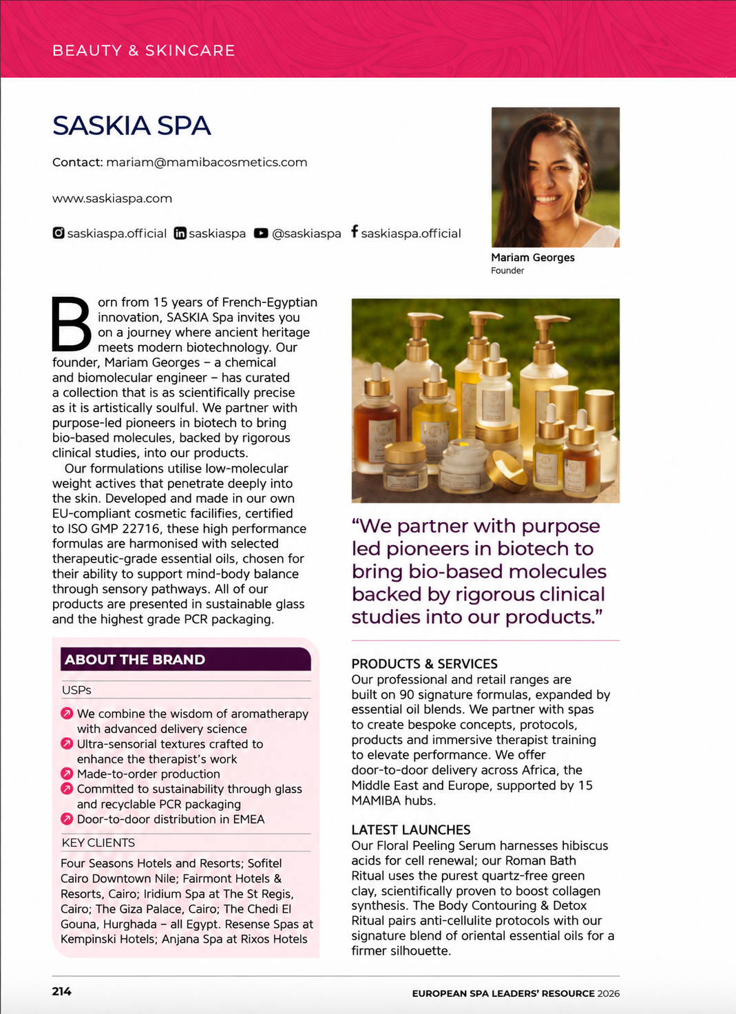 European Spa Magazine Leaders' Resource 2026 – SASKIA Spa