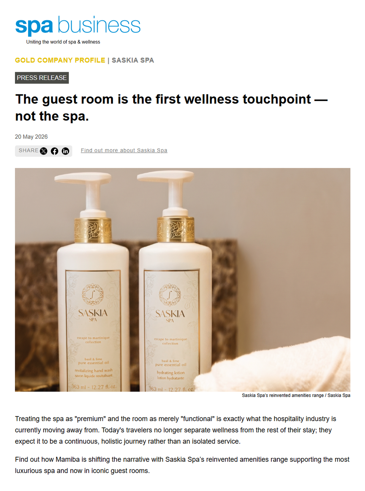 Spa Business Gold Company Profile – SASKIA Spa: The guest room is the first wellness touchpoint